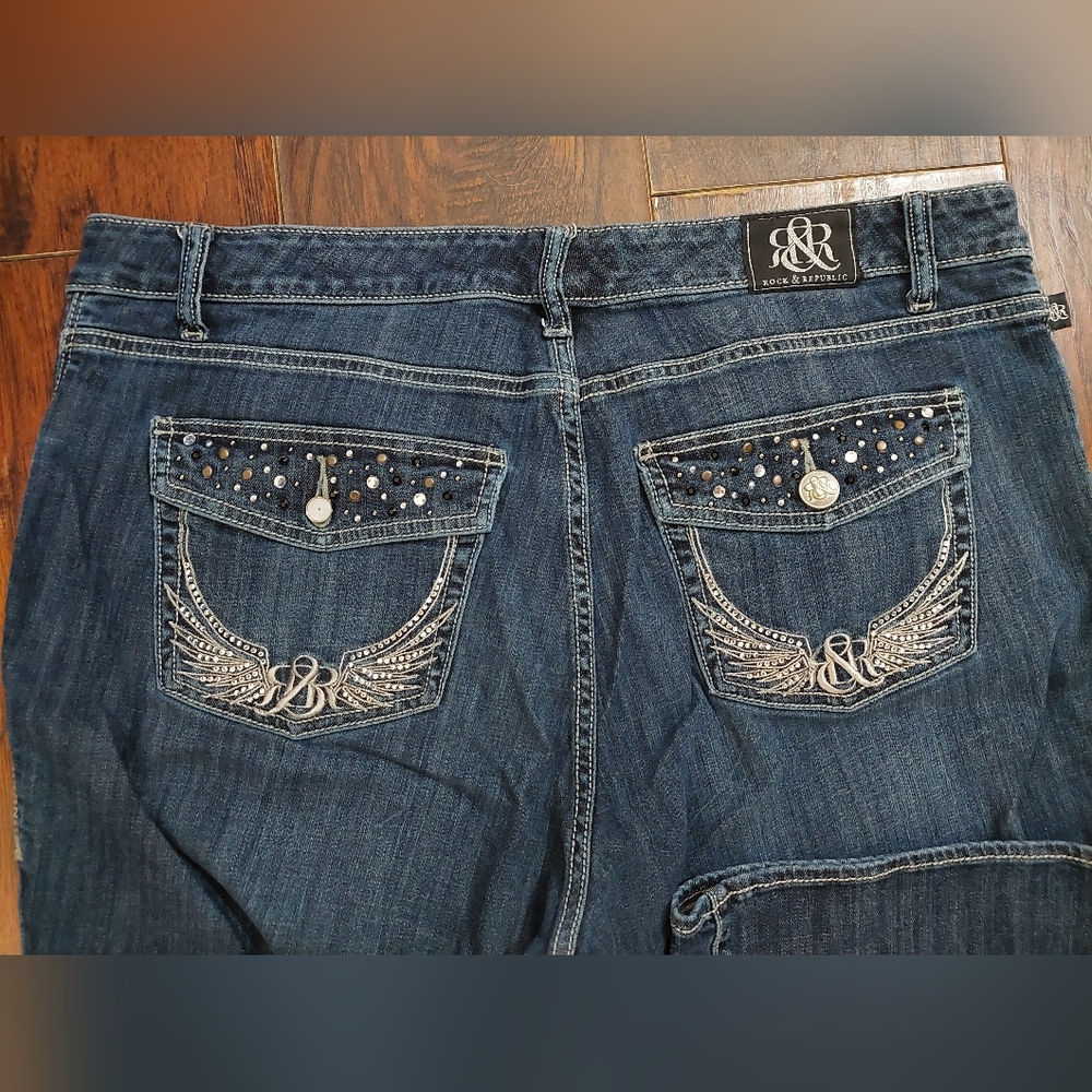 Rock & Republic Dark Blue Bootcut Jeans with Embroidered Wing Pockets